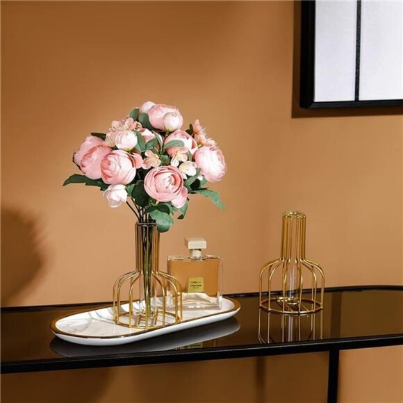 Artificial Flower Decor with Gold Vase Fake Peony Flowers (Champagne Pink) - Picture 10 of 12